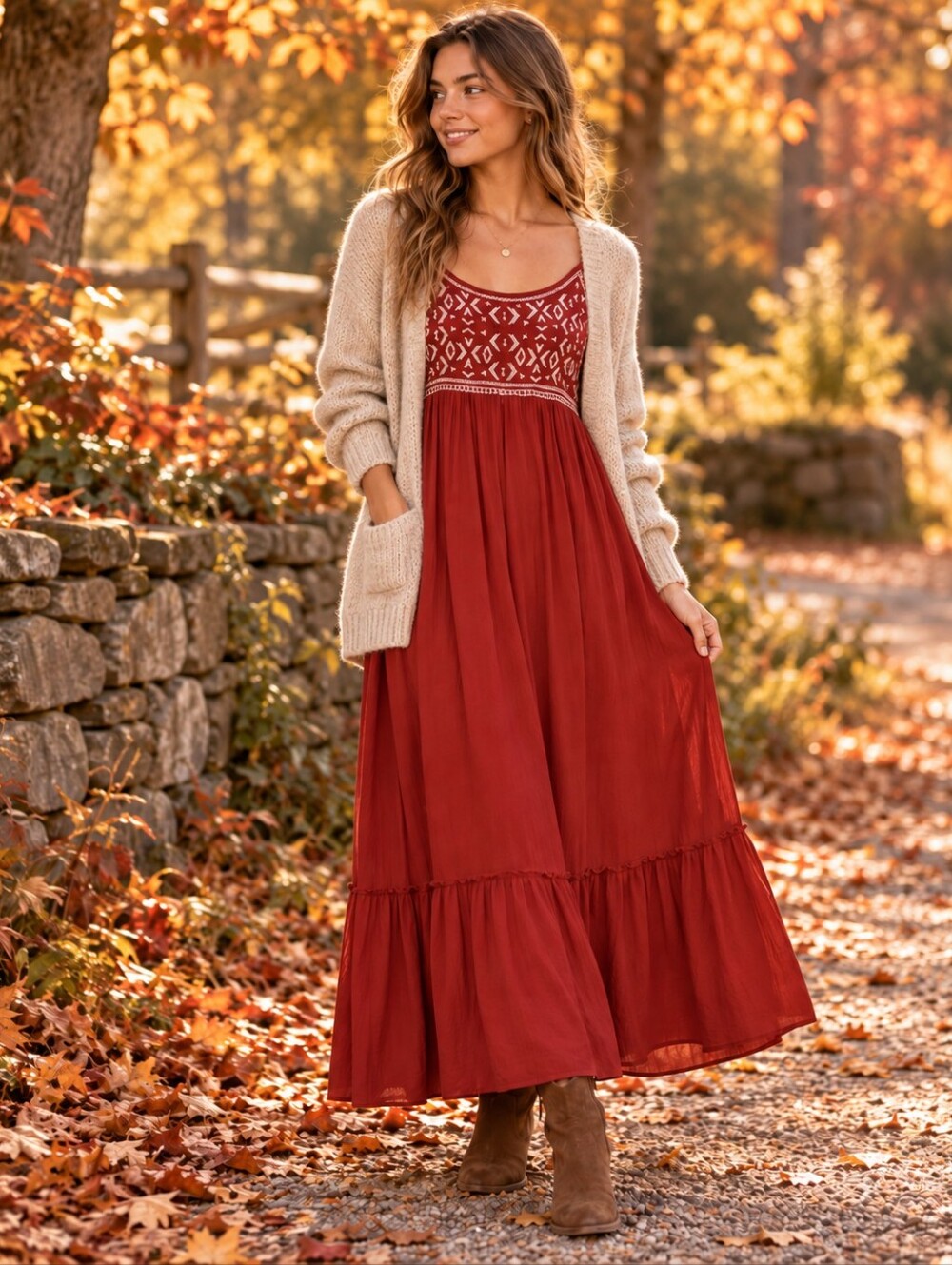 Bohemian Embroidered Maxi Dress in Russet Red With Embroidery Boho Fall Gypsy S